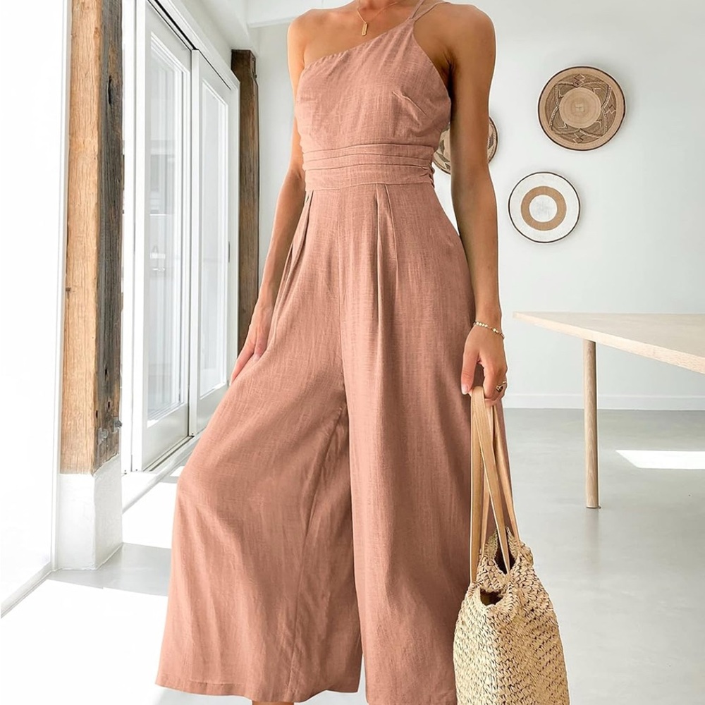 NWT Elegant Pink linen One-Shoulder Jumpsuit